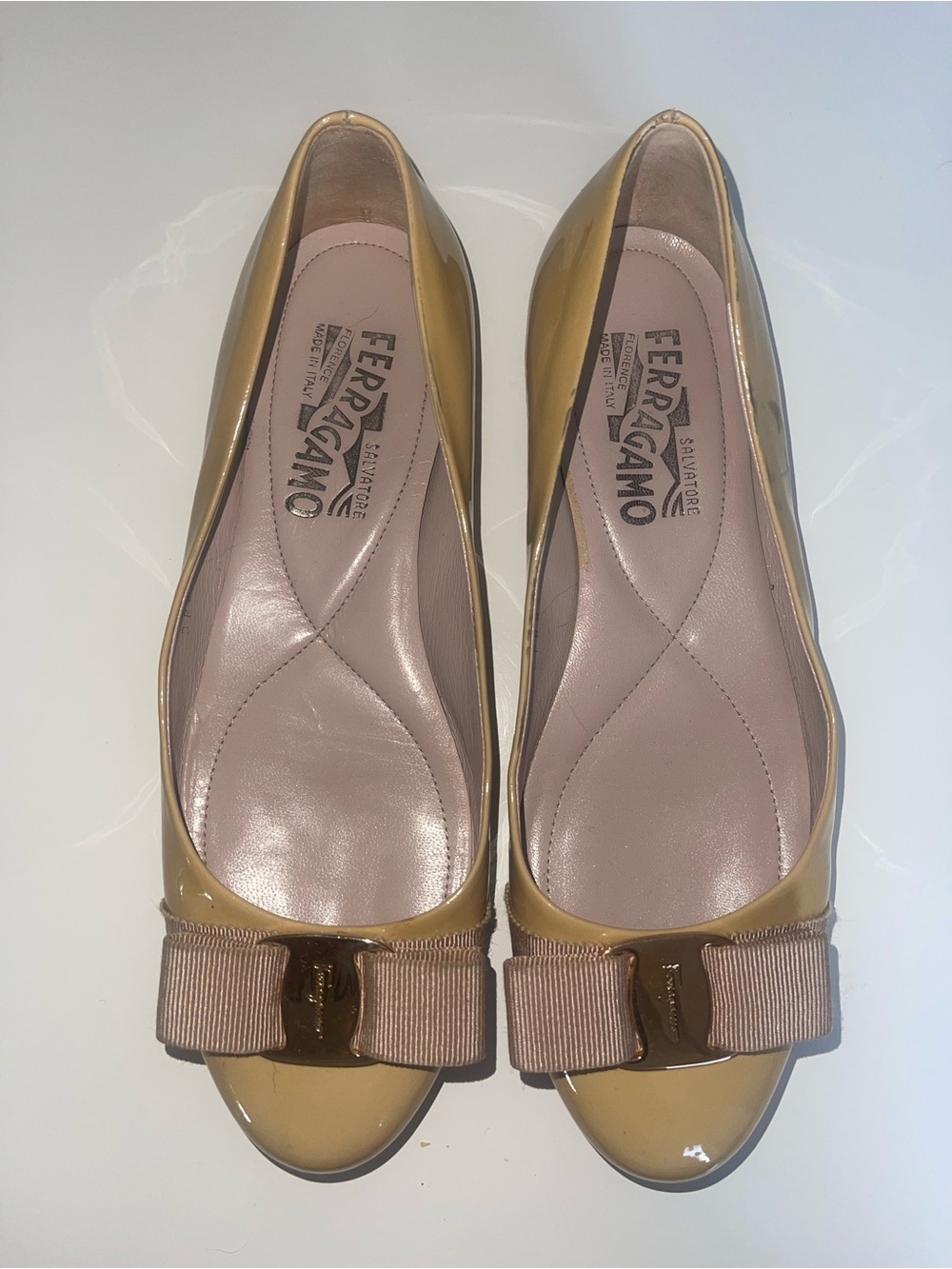 Salvatore Ferragamo Yellow Patent Leather Varina Bow Flats